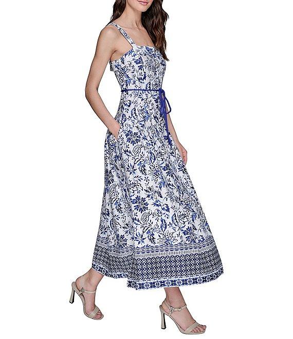 KARL LAGERFELD PARIS Floral Printed Square Neck Sleeveless A-Line Midi Dress Product Image