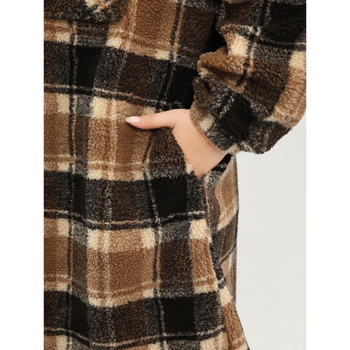 Plus Size Plaid Flap Pocket Button Up Teddy Coat Women Bronze Elegant Button Ladies Dailywear Winter Coats BloomChic 18-20/2X Product Image