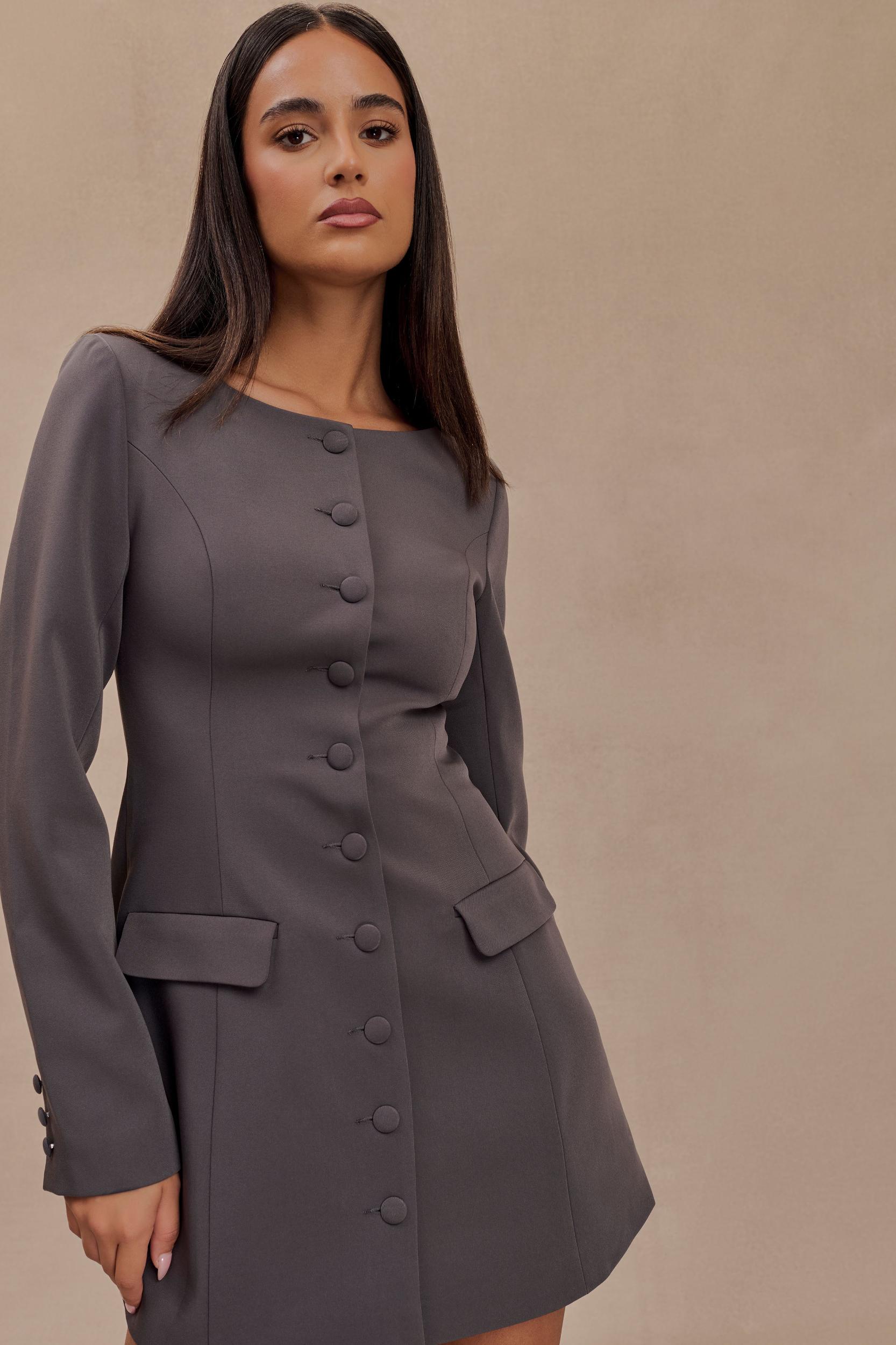 Jolie Boat Neck Suiting Mini Dress - Charcoal Grey Product Image