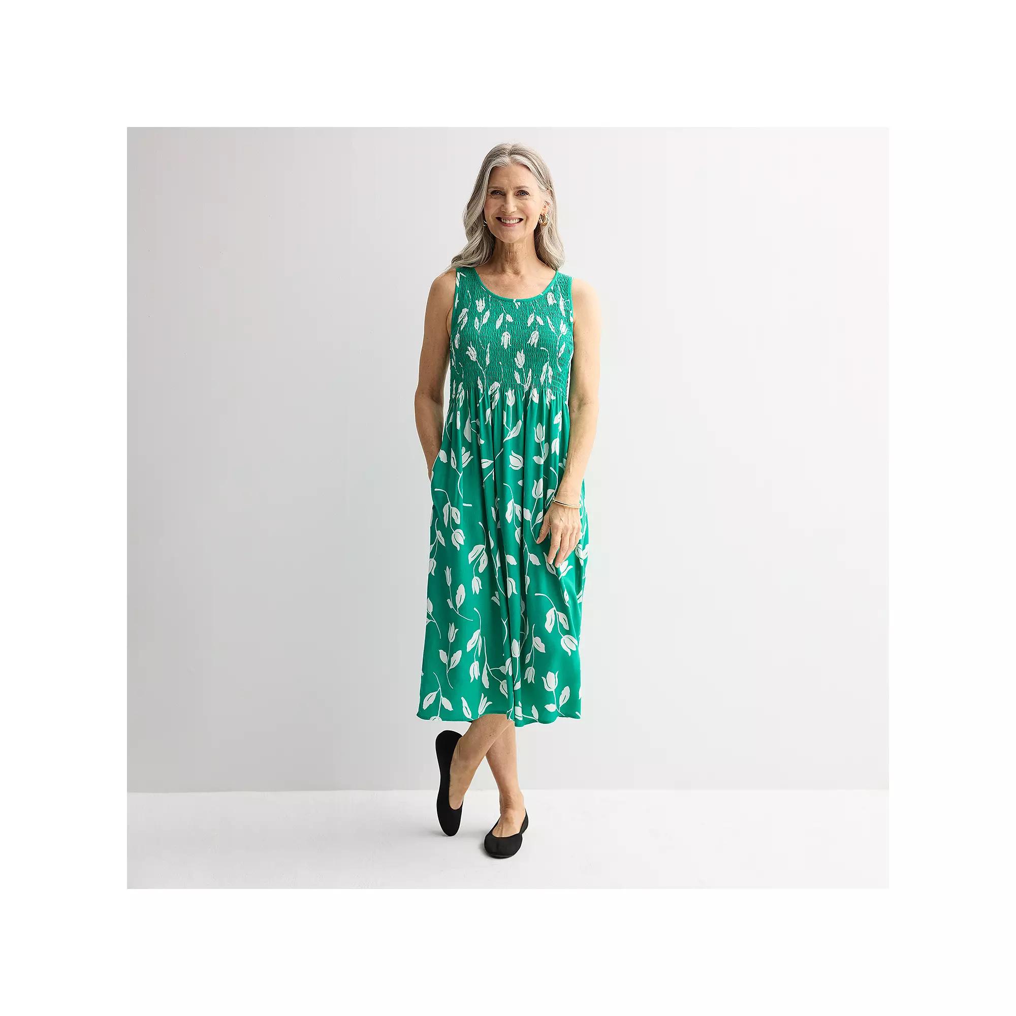 Women's Croft & Barrow® Smocked Midi Dress, Size: Large, Green Floral Silo Product Image