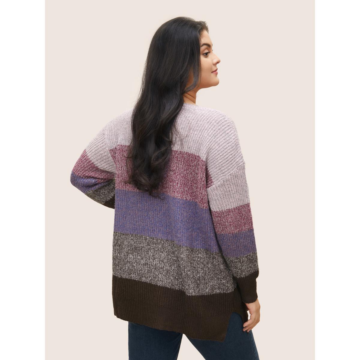 Plus Size Heather Colorblock V Neck Split Hem Pullover Purple Women Casual Loose Long Sleeve V-neck Dailywear Pullovers BloomChic 10/M Product Image