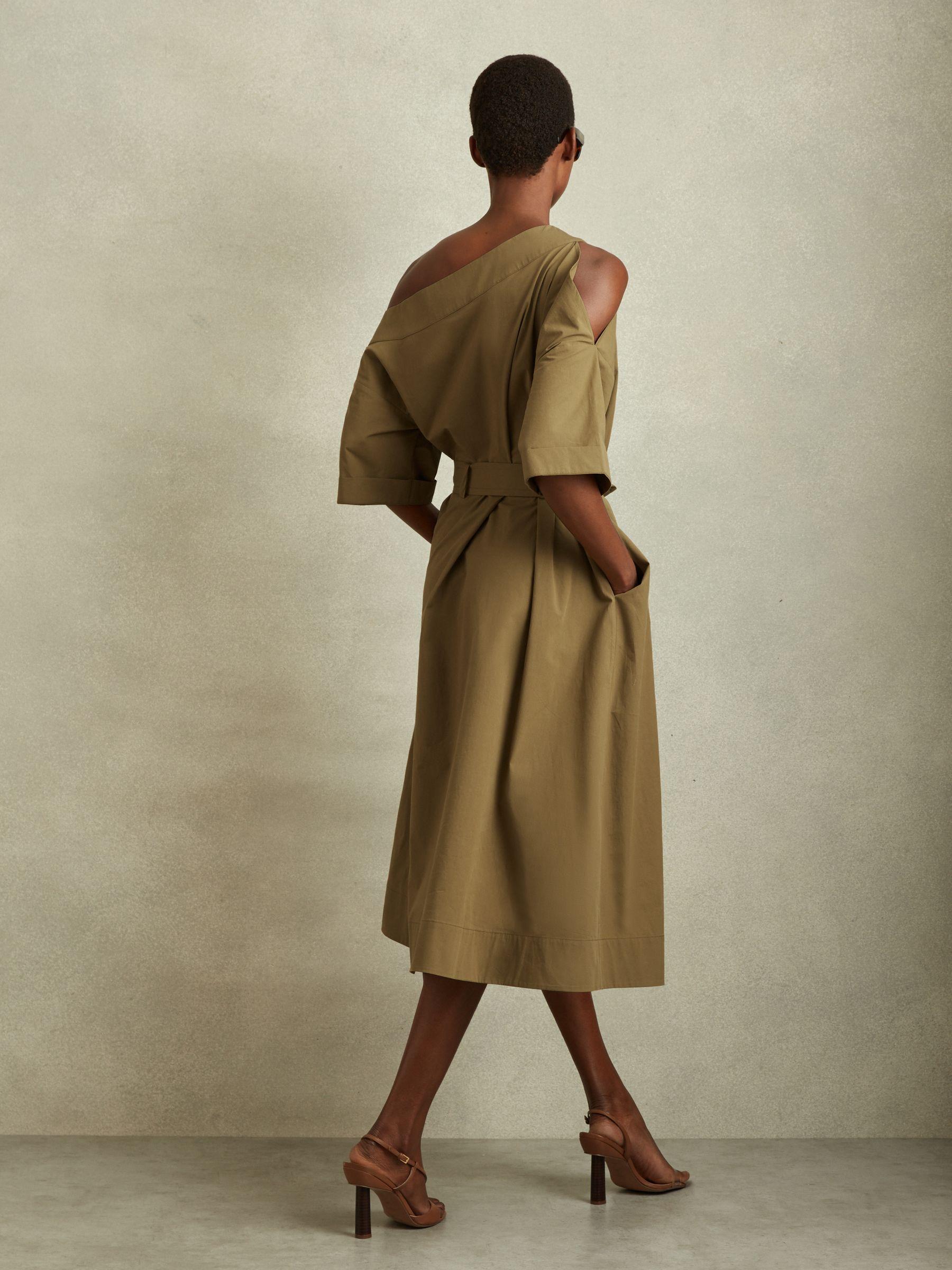 Off The Shoulder Belted Midi Dress in Khaki Product Image