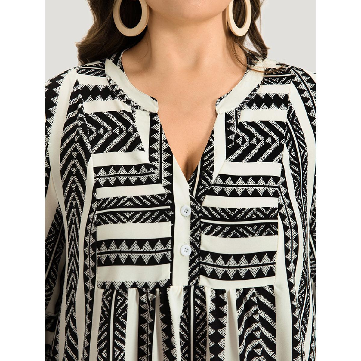 Plus Size Bandana Striped Pocket Button Detail Notched Patchwork Dress White Women Vacation Printed V-neck Elbow-length sleeve Curvy Midi Dress BloomChic 28/5X Product Image