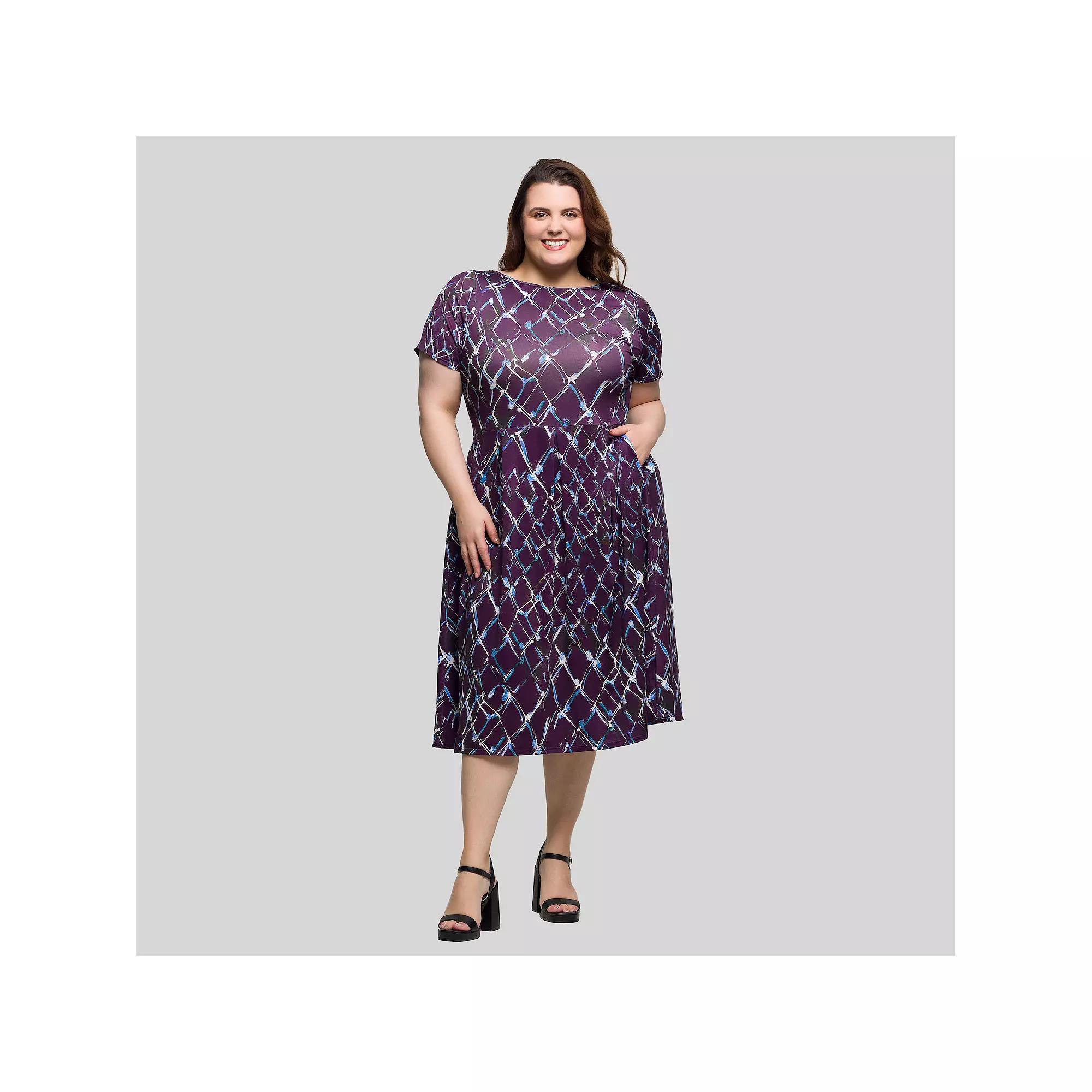 Plus Size 24Seven Comfort Apparel Pleated Flare Midi Pocket Dress, Womens Product Image