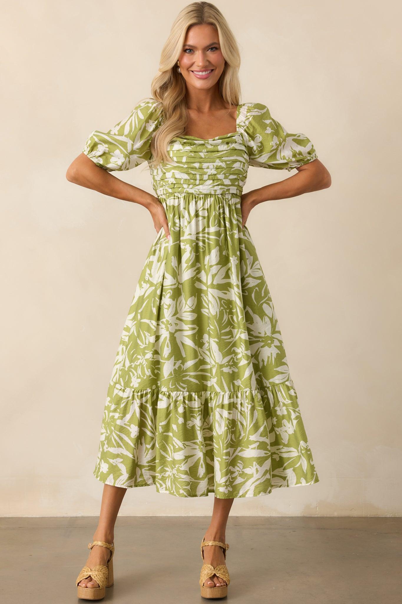 In The Right Places Chartreuse Green Floral Midi Dress Product Image