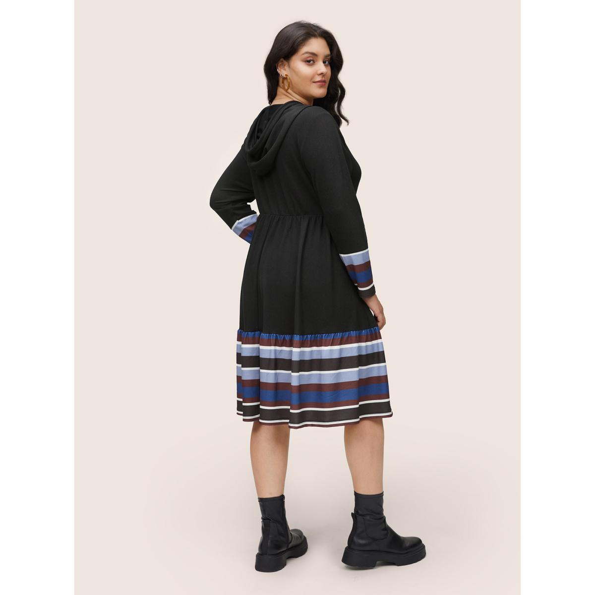 Plus Size Contrast Striped Flutter Hem Hooded Drawstring Dress Black Women Casual Gathered Hooded Long Sleeve Curvy Midi Dress BloomChic 14-16/1X Product Image