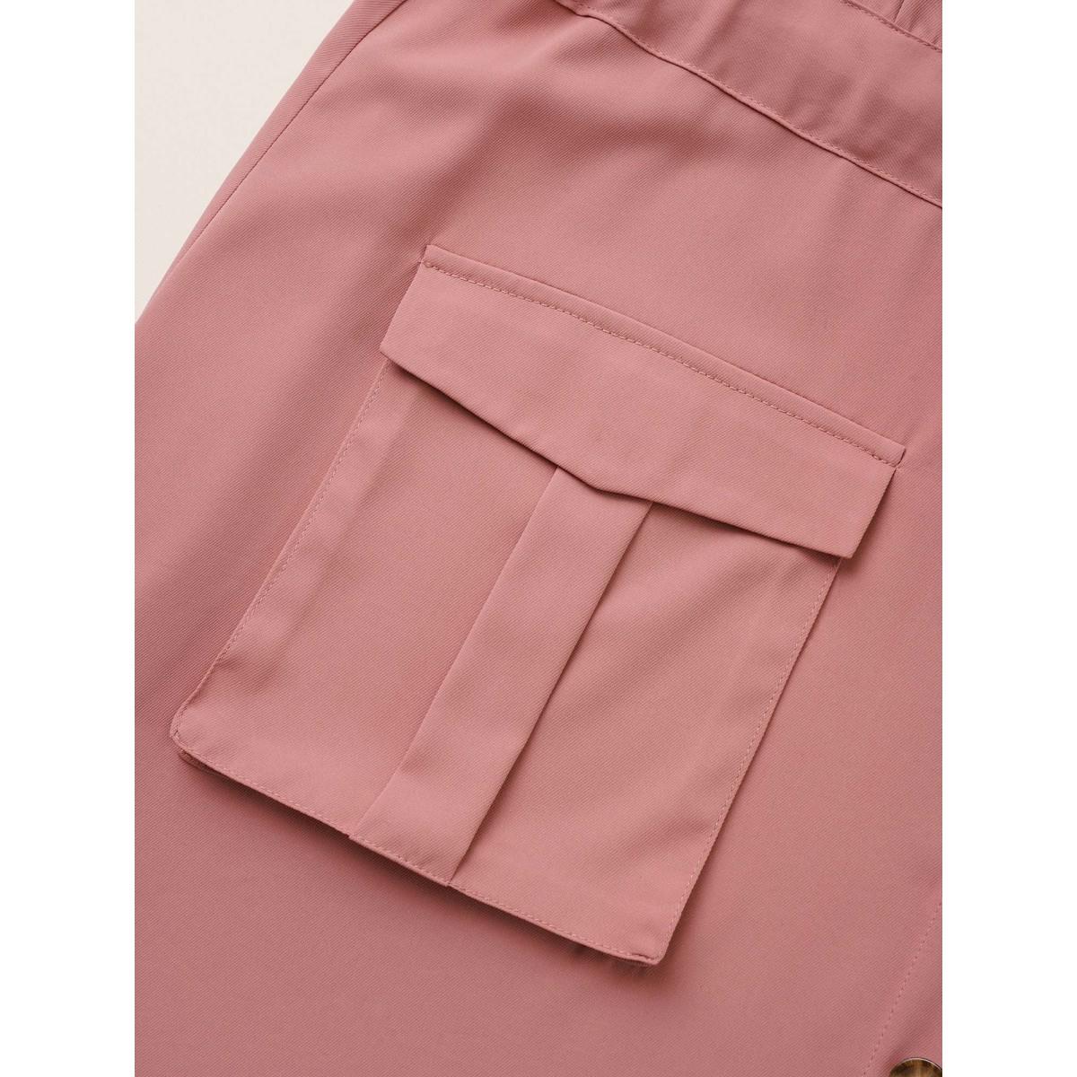 Plus Size Solid Patched Pocket Ties Gathered Dress Crepe Women At the Office Non Suit Collar Half Sleeve Curvy Midi Dress BloomChic 30/6X Product Image