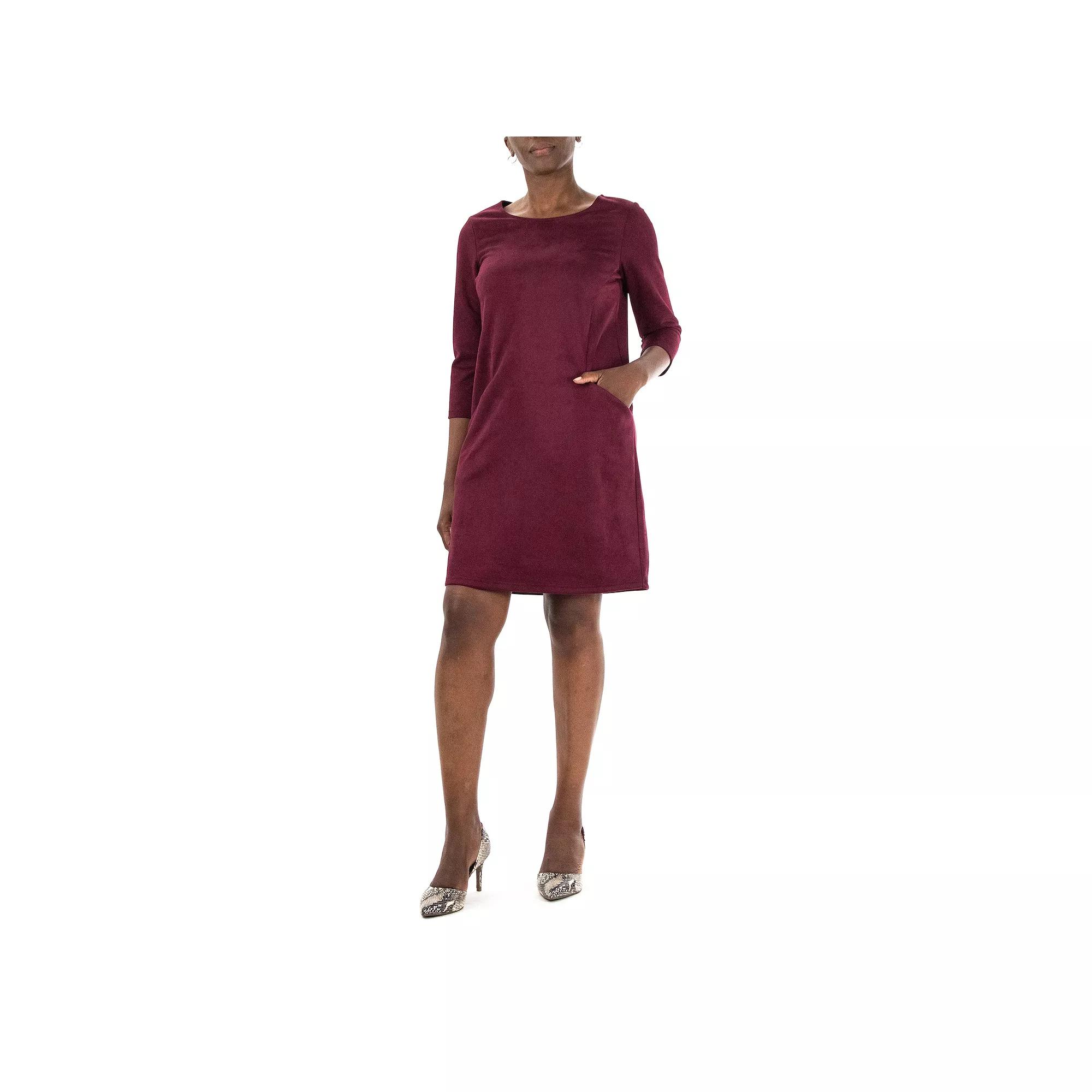 Women's Nina Leonard Jewelneck Three Quarter Sleeve Trapeze Dress, Size: Small, Deep Red Product Image