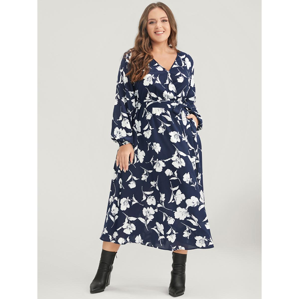 Plus Size Floral Pocket Surplice Neck Belted Midi Dress DarkBlue Women Casual Belted V-neck Long Sleeve Curvy Midi Dress BloomChic 30/6X Product Image