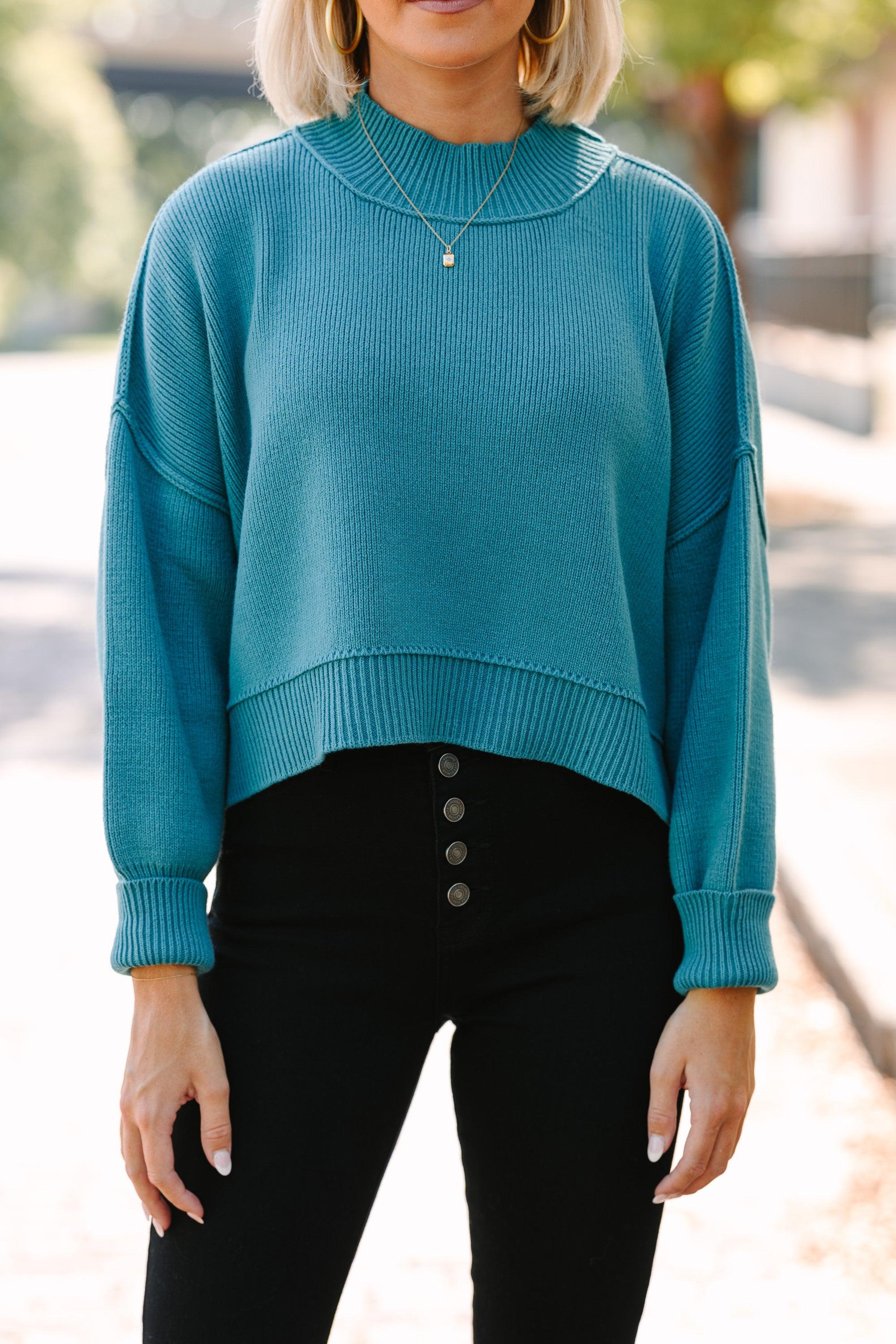 Where I Am Dusty Teal Blue Cropped Sweater Female Product Image