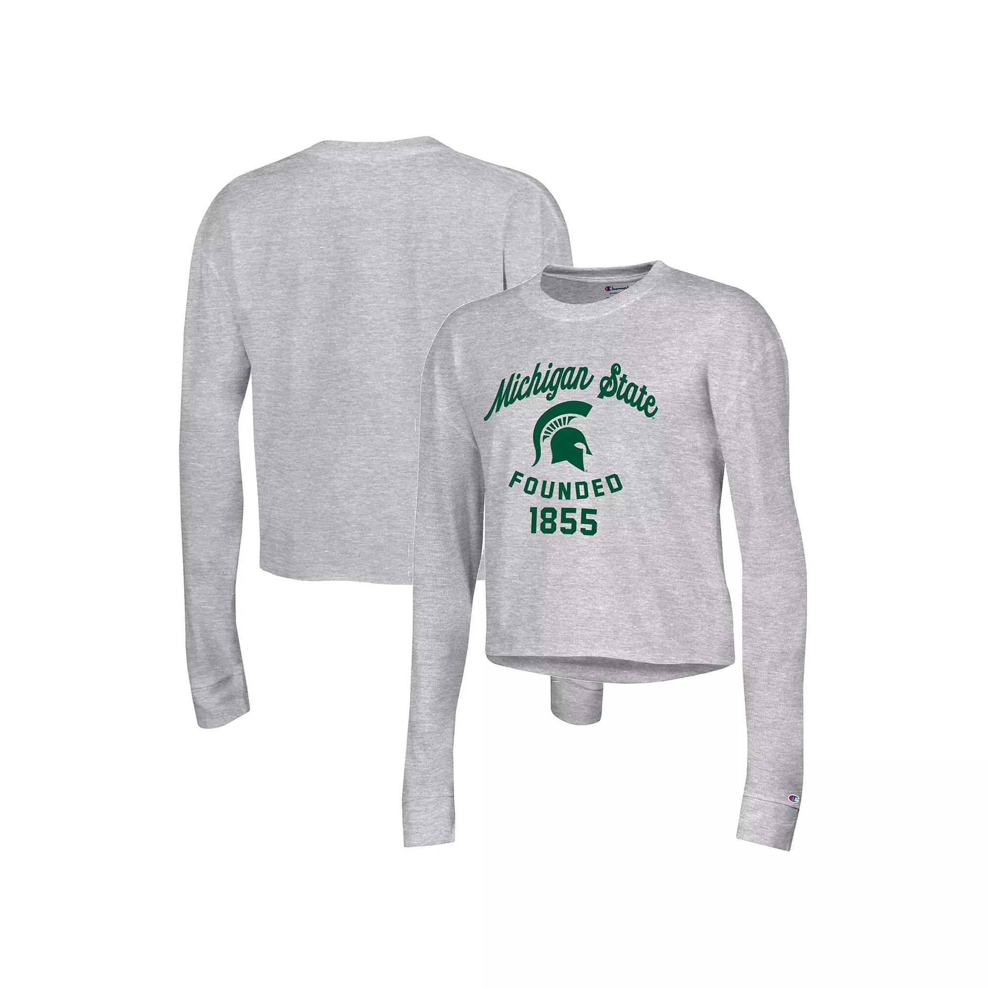 Women's Champion Heather Gray Michigan State Spartans Boyfriend Cropped Long Sleeve T-Shirt, Size: XL, Grey Product Image
