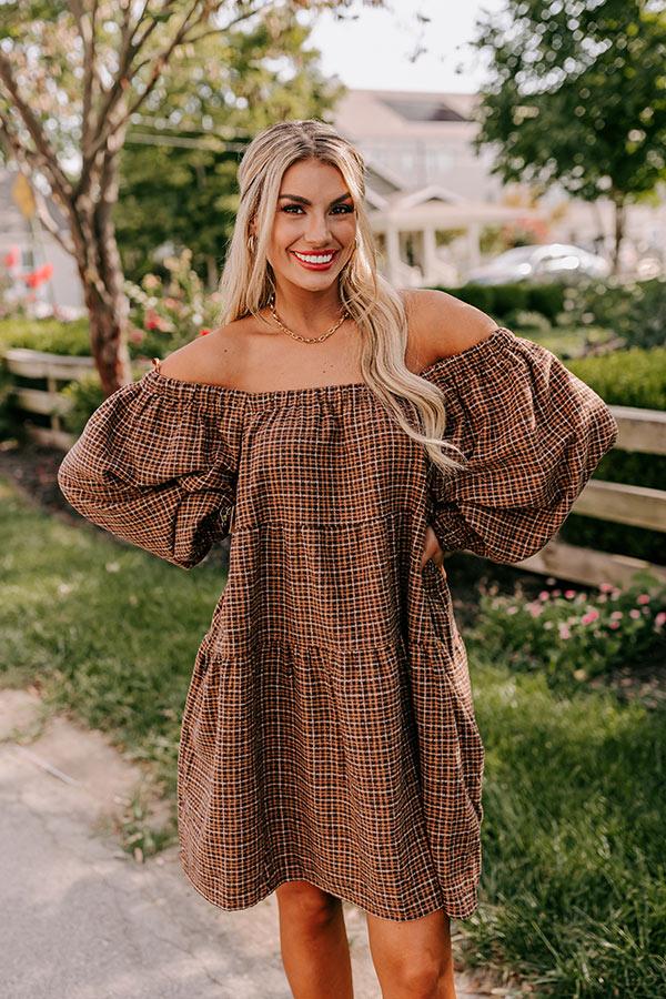 Pumpkin Spice Cutie Plaid Mini Dress in Brown Product Image