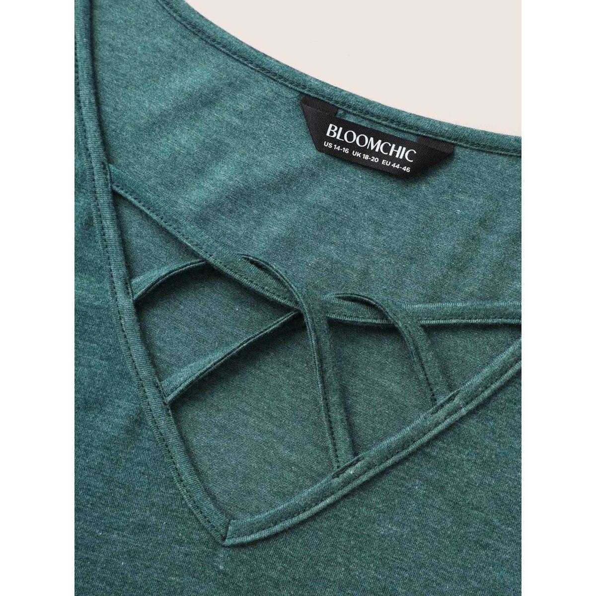 Plus Size Solid Heather Crisscross Medium Stretch T-shirt DarkGreen Women Casual Cut-Out V-neck Everyday T-shirts BloomChic 18-20/2X Product Image