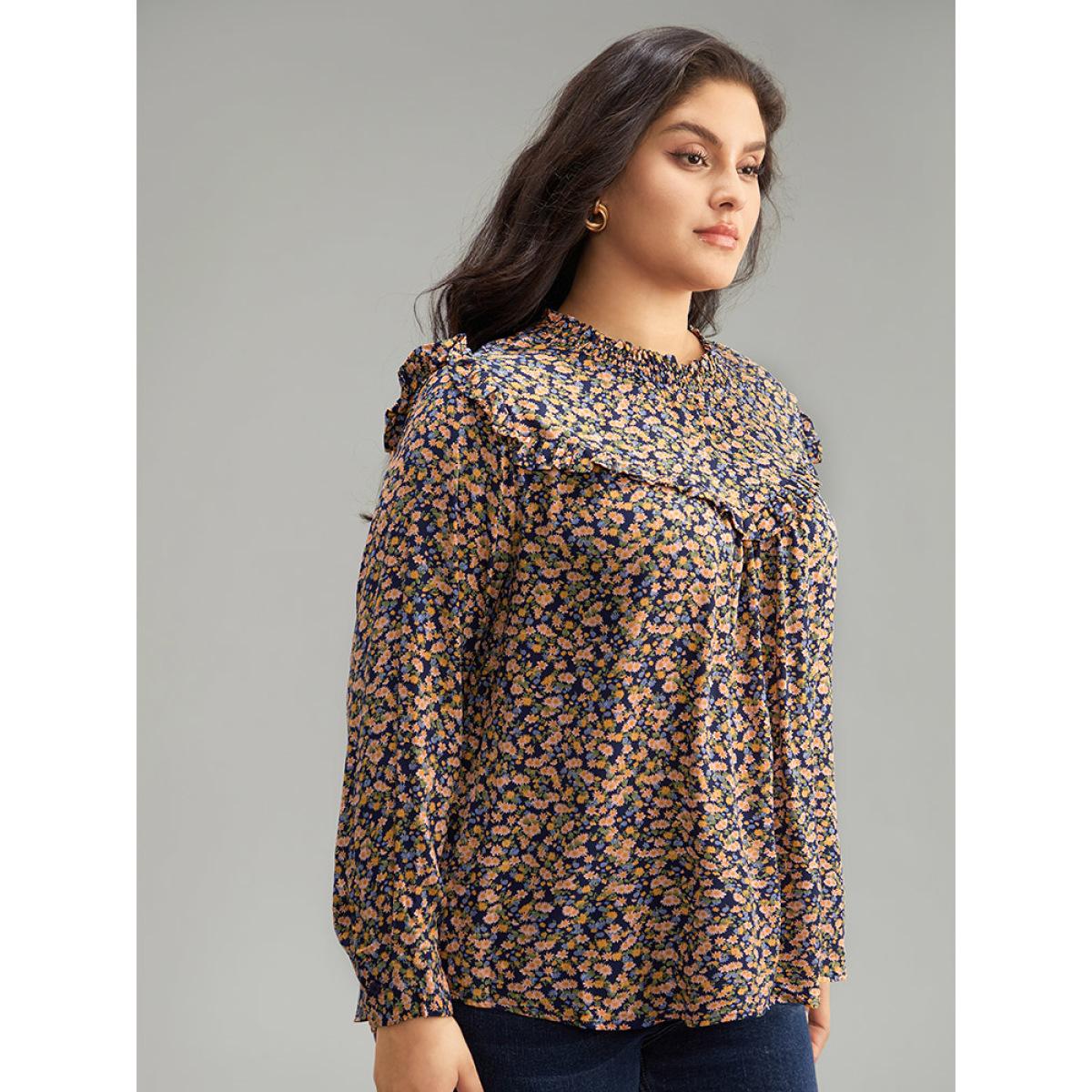 Plus Size Multicolor Ditsy Floral Shirred Ruffle Trim Blouse Women Elegant Long Sleeve Halter neck Dailywear Blouses BloomChic 14-16/1X Product Image