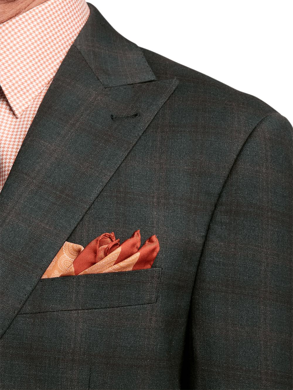 Wool Stretch Plaid Single Breasted Peak Lapel Suit Jacket - Dark Olive Product Image