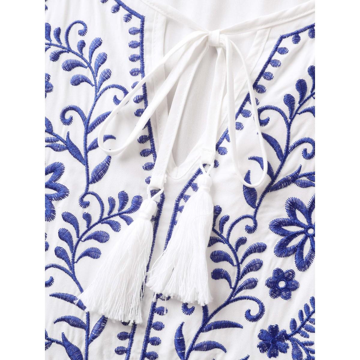 Plus Size Floral Embroidery Pockets Tassels Midi Dress Ivory Women Notched collar Short sleeve Curvy BloomChic 28/5X Product Image