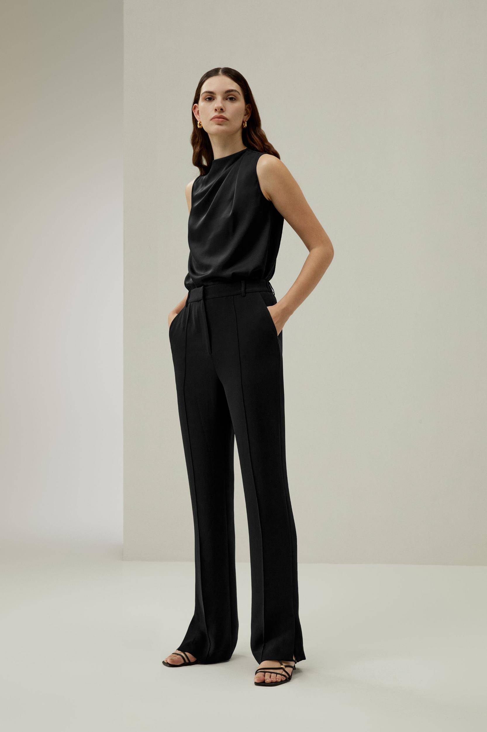 Silk Straight Leg Trousers with Side Slit Product Image