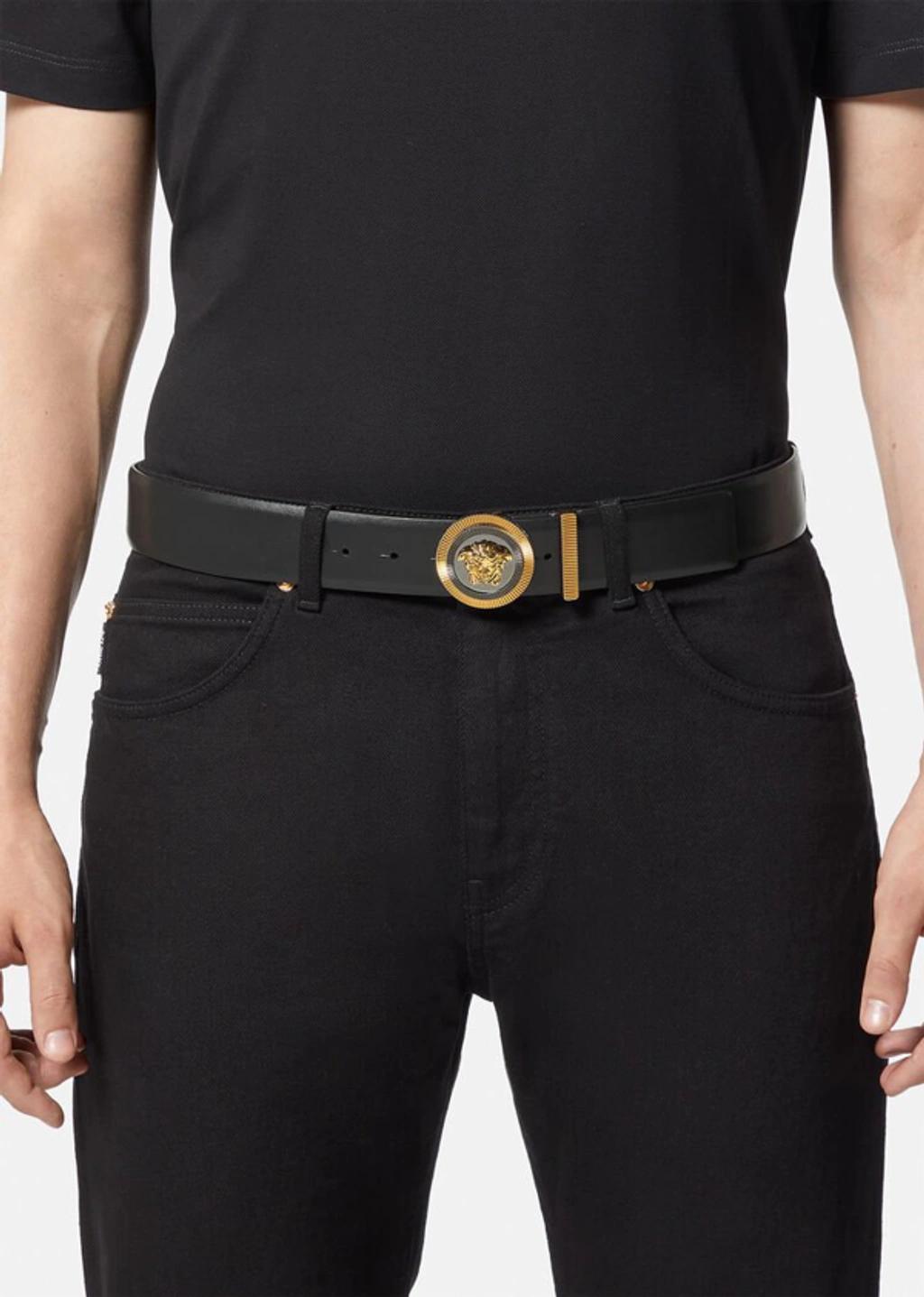 VERSACE Medusa Streamlined Leather Belt With Adjustable Length And Gold-tone Buckle In Black Product Image