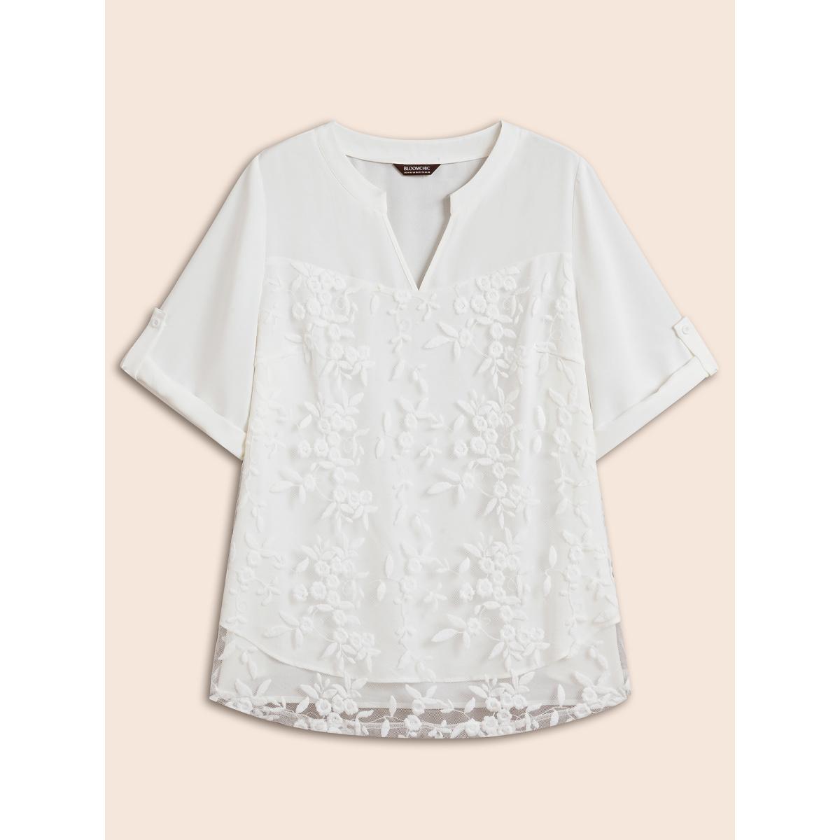 Plus Size WhiteSmoke Lace Patchwork Gathered Tab Sleeve Shirt Women Casual Elbow-length sleeve Notched collar Everyday Blouses BloomChic 30/6X Product Image