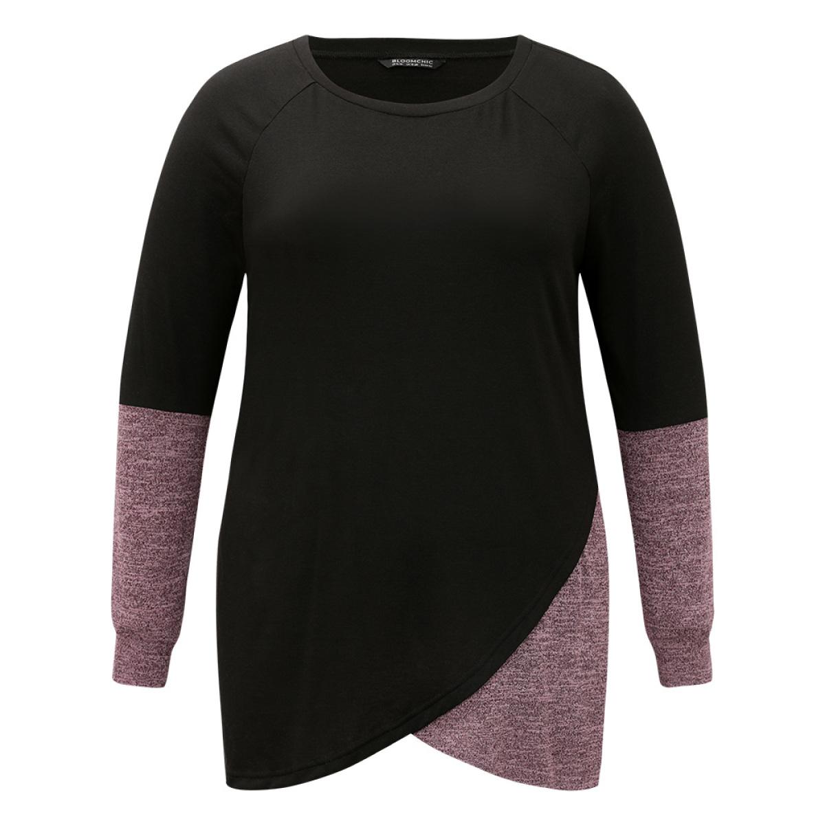 Plus Size Two Tone Patchwork Heather Arc Hem T-shirt Black Women Casual Contrast Plain Round Neck Dailywear T-shirts BloomChic 28/5X Product Image