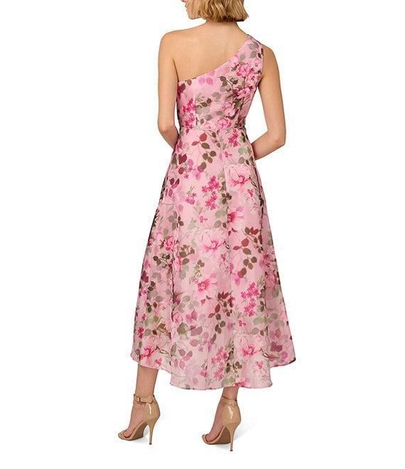 Adrianna Papell Floral Printed Organza One Shoulder Sleeveless Ruffle Front Hi-Lo Dress Product Image