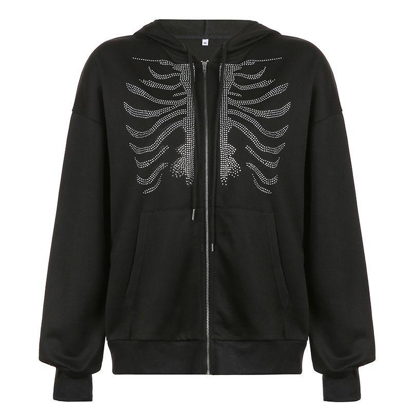 Rhinestone Skeleton Zip-Up Hoodie / Drawstring Sweatpants Product Image