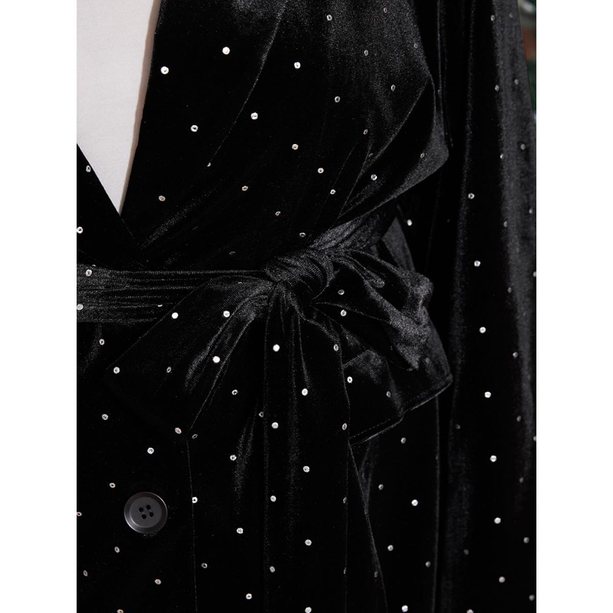 Plus Size Polka Dot Pocket Suit Collar Belted Velvet Blazer Black Women Going out Polka Dot Cross straps Sleeve Long Sleeve Suit Collar 12/L Pocket Belt Party Blazers BloomChic Product Image