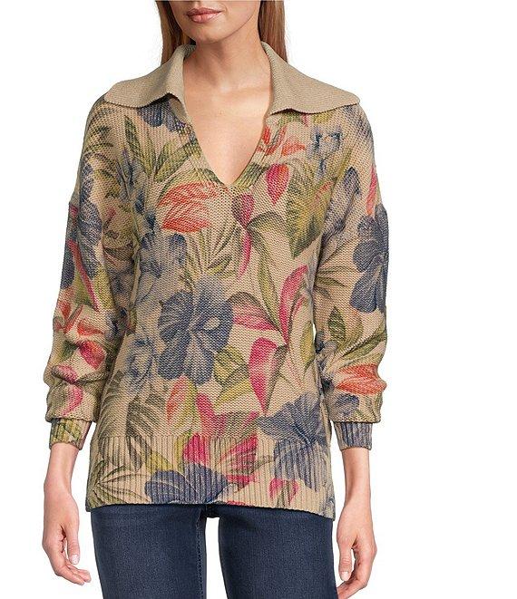 Tommy Bahama La Botanica Knit Tropical Print Johnny Collar Long Sleeve Sweater Product Image