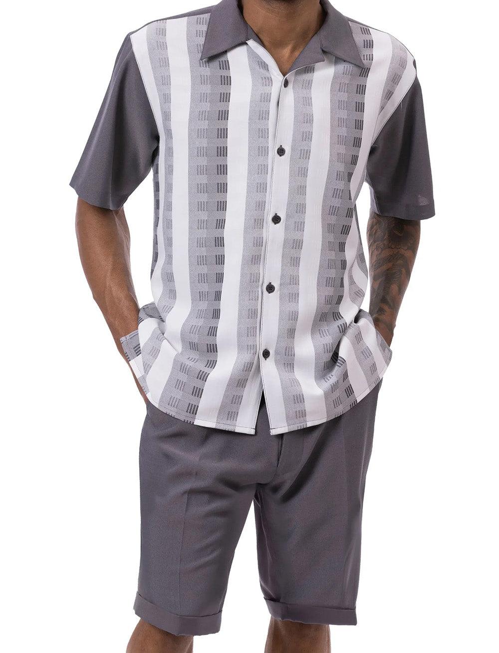 Gray Color Striped Walking Suit 2 Piece Short Sleeve Set with Shorts Product Image