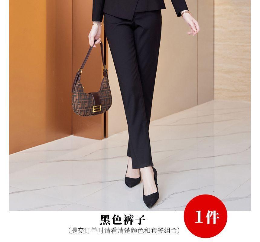 Peak Lapel Plain Asymmetrical Button Blazer / High Rise Straight Leg Slacks / High Rise Mini Pencil Skirt / Long-Sleeve V-Neck Plain Blouse Product Image