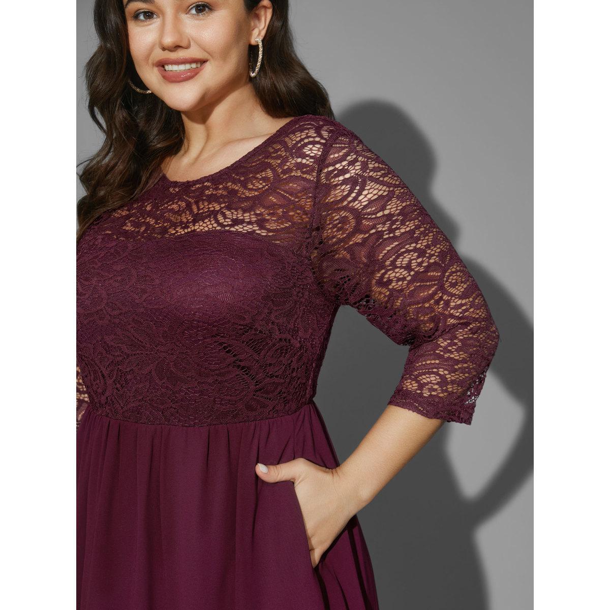 Plus Size Crochet Lace High Low Hem Midi Dress Burgundy Women Cocktail Woven ribbon&lace trim Party Curvy Bloomchic 14-16/1X Product Image