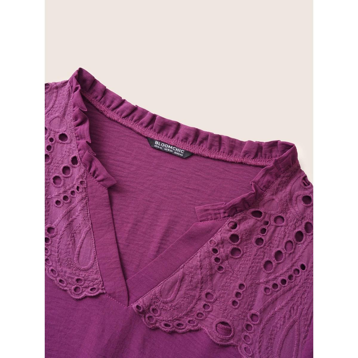 Plus Size Solid Lace Panel Cut Out Belted Gathered Dress Purple Women Elegant Non Notched collar Long Sleeve Curvy Knee Dress BloomChic 18-20/2X Product Image