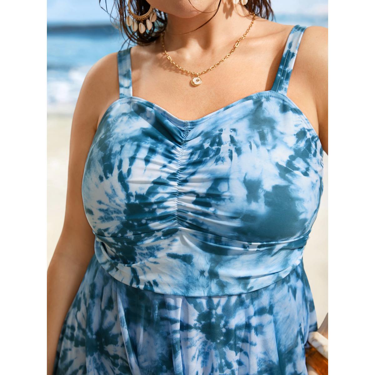 Plus Size Heart Neckline Tie Dye Ruched Swim Dress Women's Swimwear Cerulean Beach Bodycon Heart neckline High stretch Curve Swim Dresses BloomChic 14-16/1X Product Image