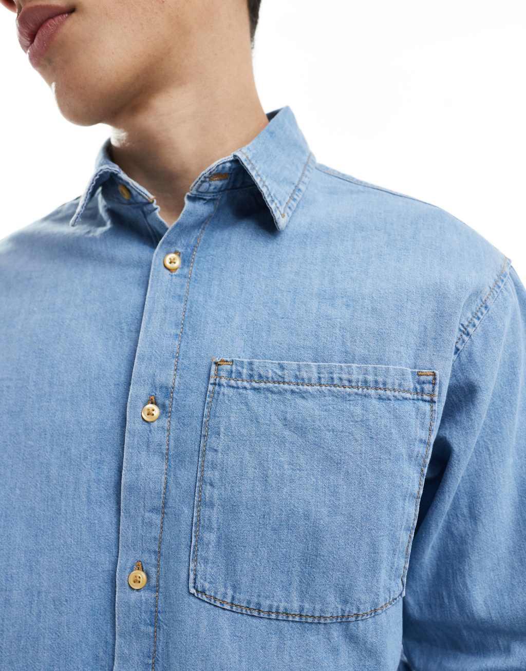 Jack & Jones long sleeve denim shirt in light blue  Product Image