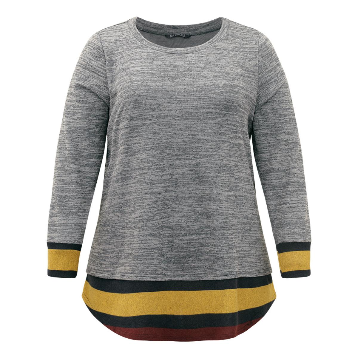 Plus Size Striped Heather Patchwork Curved Hem Sweatshirt Women Gray Casual Contrast Round Neck Dailywear Sweatshirts BloomChic 12/L Product Image