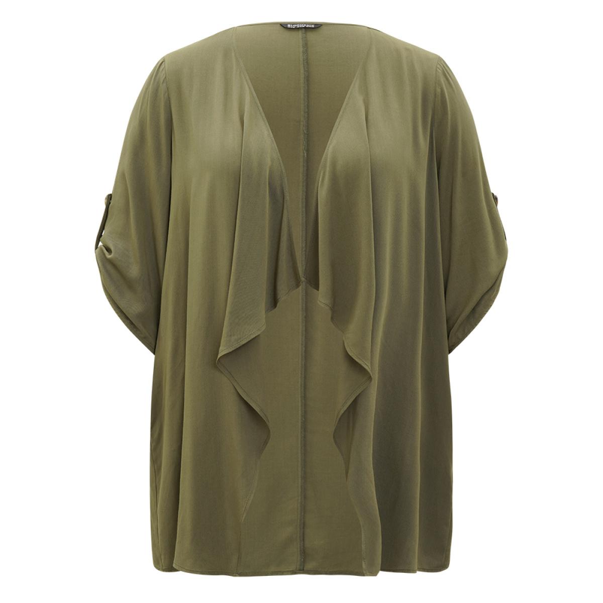 Plus Size Supersoft Essentials Plain Pocket Button Ruffle Open Front Kimono Women ArmyGreen Casual Plain Loose Pocket Dailywear Kimonos BloomChic 22-24/3X Product Image