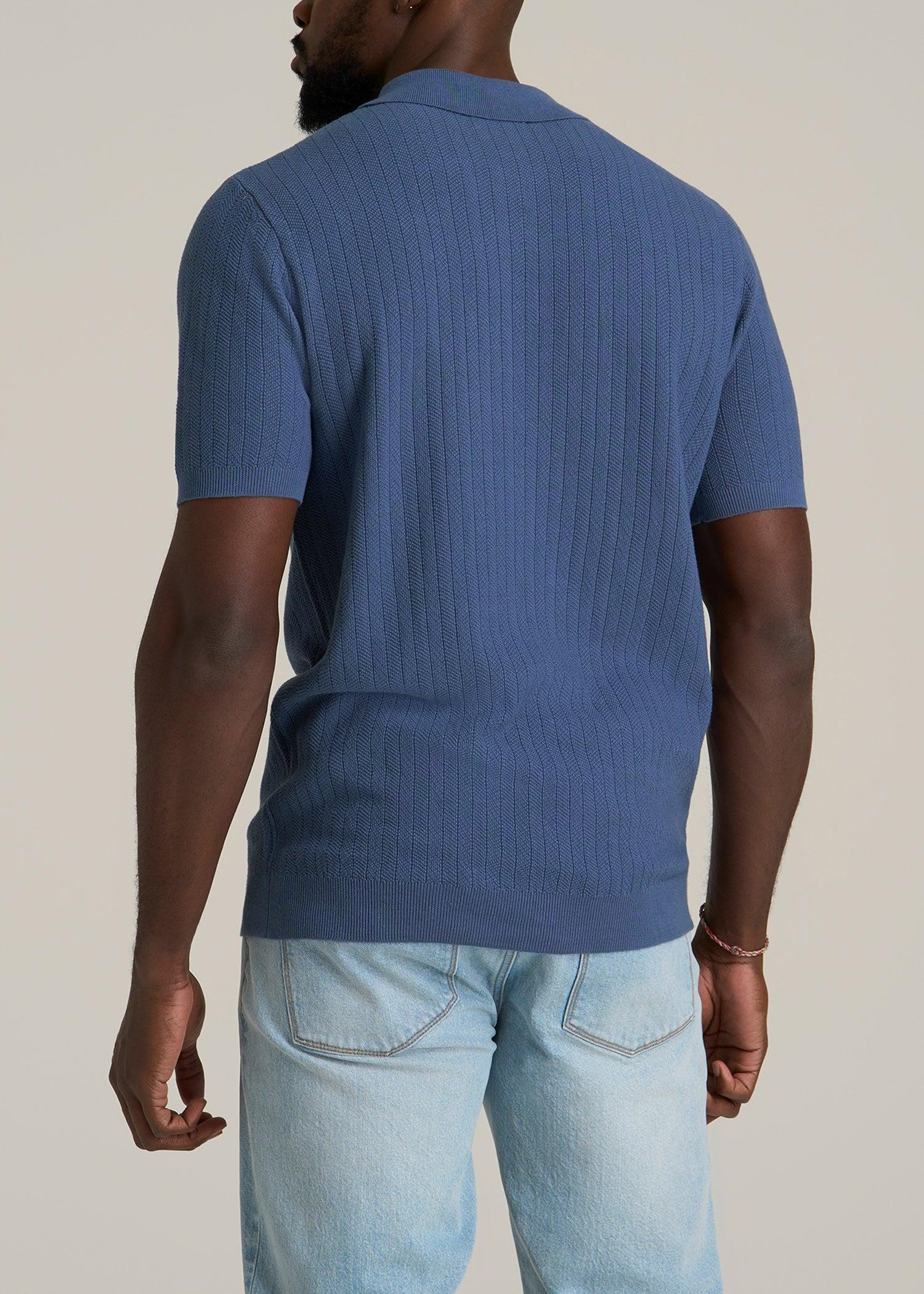 Linen Blend Ribbed Knit Polo Shirt for Tall Men in Steel Blue Male Product Image