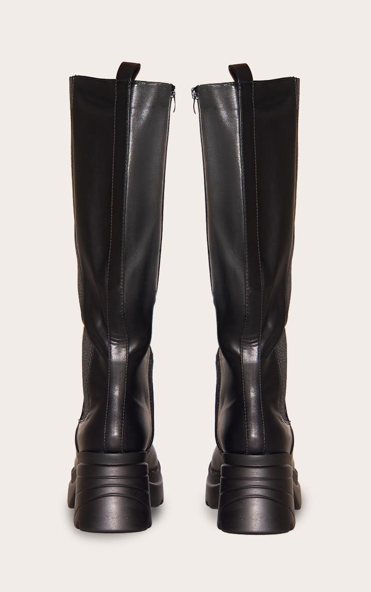 Black Pu Chunky Chelsea Heeled Knee High Boots Product Image