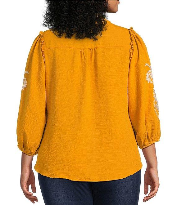 Calessa Plus Size Embroidered Placement Print Ruffle Split V-Neck 3/4 Sleeve Button Front Tunic Product Image