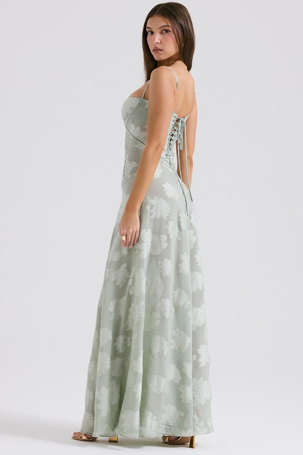 Seren  pistachio floral lace back maxi dress Product Image