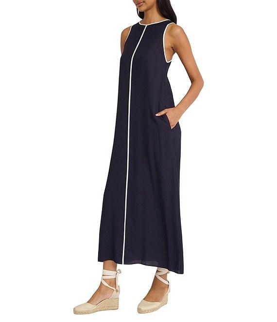 The Good Journey Crew Neck Keyhole Back Contrast Trim Crepe Maxi Dress Product Image