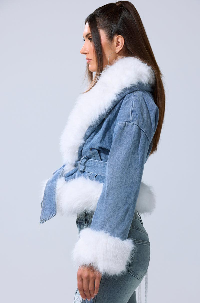 LAINEY FUR TRIM DENIM MOTO Product Image