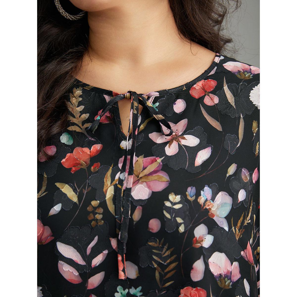 Plus Size BlackFlower Floral Print Chiffon Knot Neck Lantern Sleeve Blouse Women Elegant Long Sleeve Tie Neck Dailywear Blouses BloomChic 22-24/3X Product Image