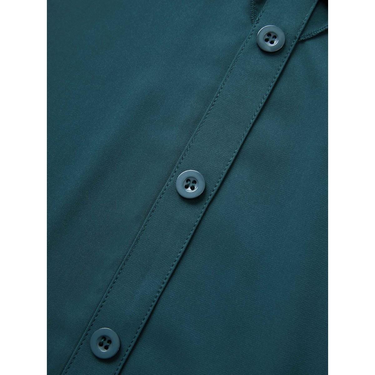 Plus Size Cyan Solid Button Detail Ruffle Trim Blouse Women At the Office Short sleeve Shirt collar Office Blouses BloomChic 14-16/1X Product Image