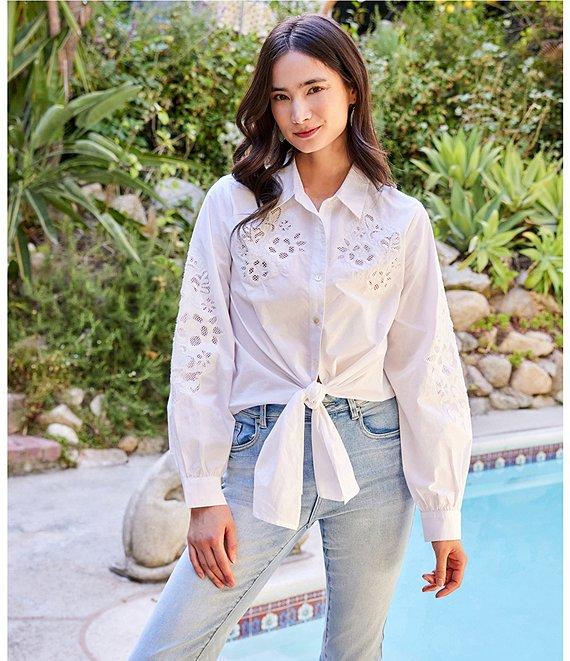 Karen Kane Eyelet Embroidered Floral Tie-Front Point Collar Long Sleeve Top Product Image