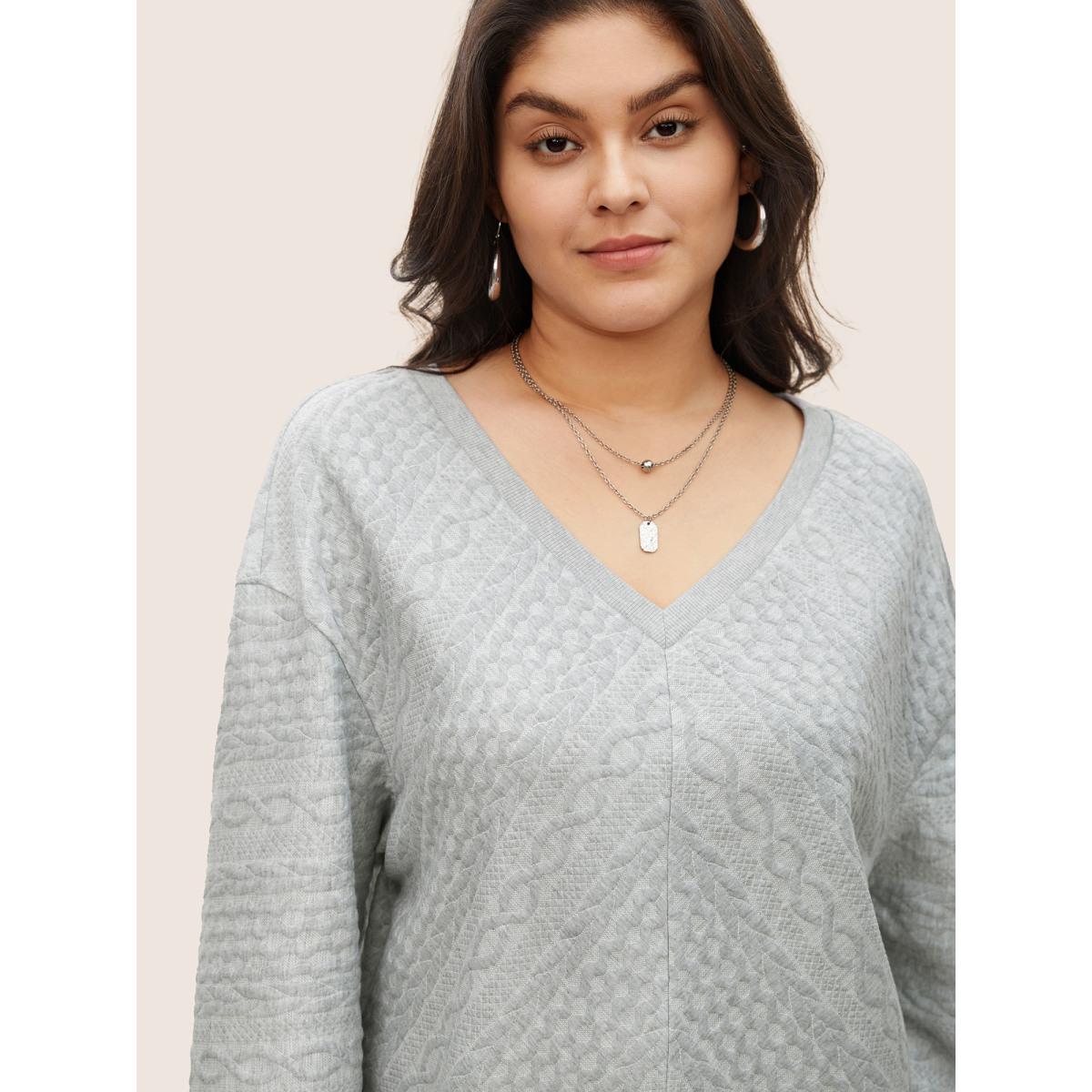 Plus Size Solid Plisse V Neck Drop Shoulder Sweatshirt Women Gray Casual Texture V-neck Everyday Sweatshirts BloomChic 10/M Product Image