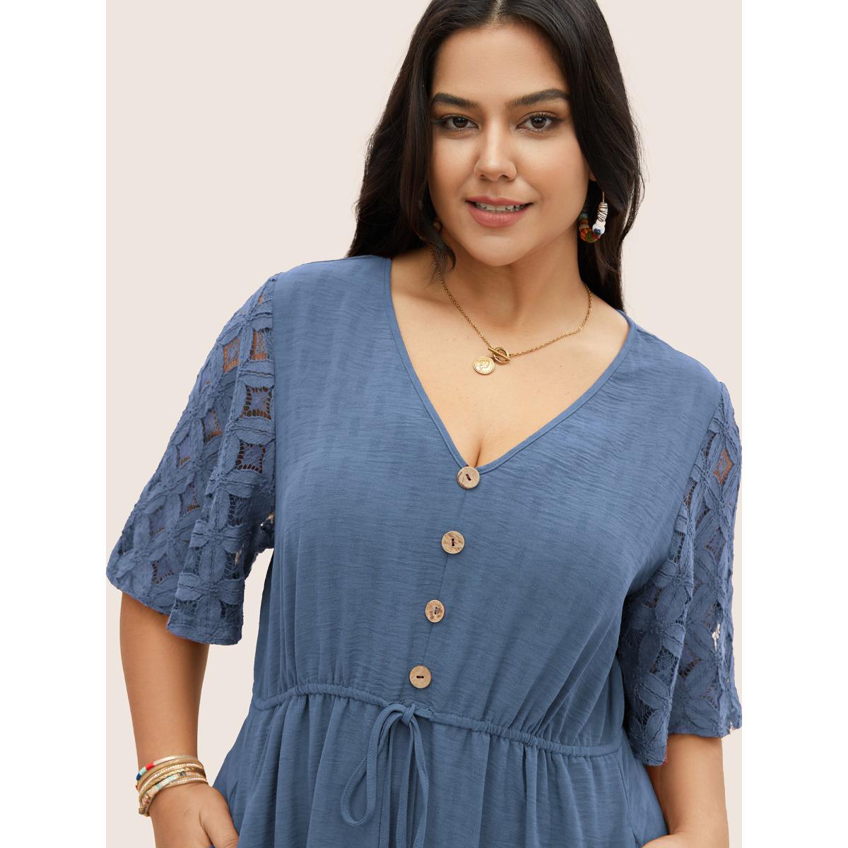 Plus Size Crochet Lace Mesh Button Detail Drawstring Dress DarkBlue Women Resort Tie knot V-neck Half Sleeve Curvy Midi Dress BloomChic 10/M Product Image