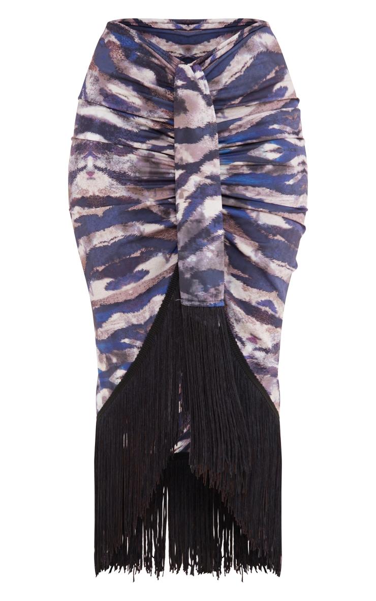 Brown Tiger Print Tassel Hem Midi Skirt Product Image