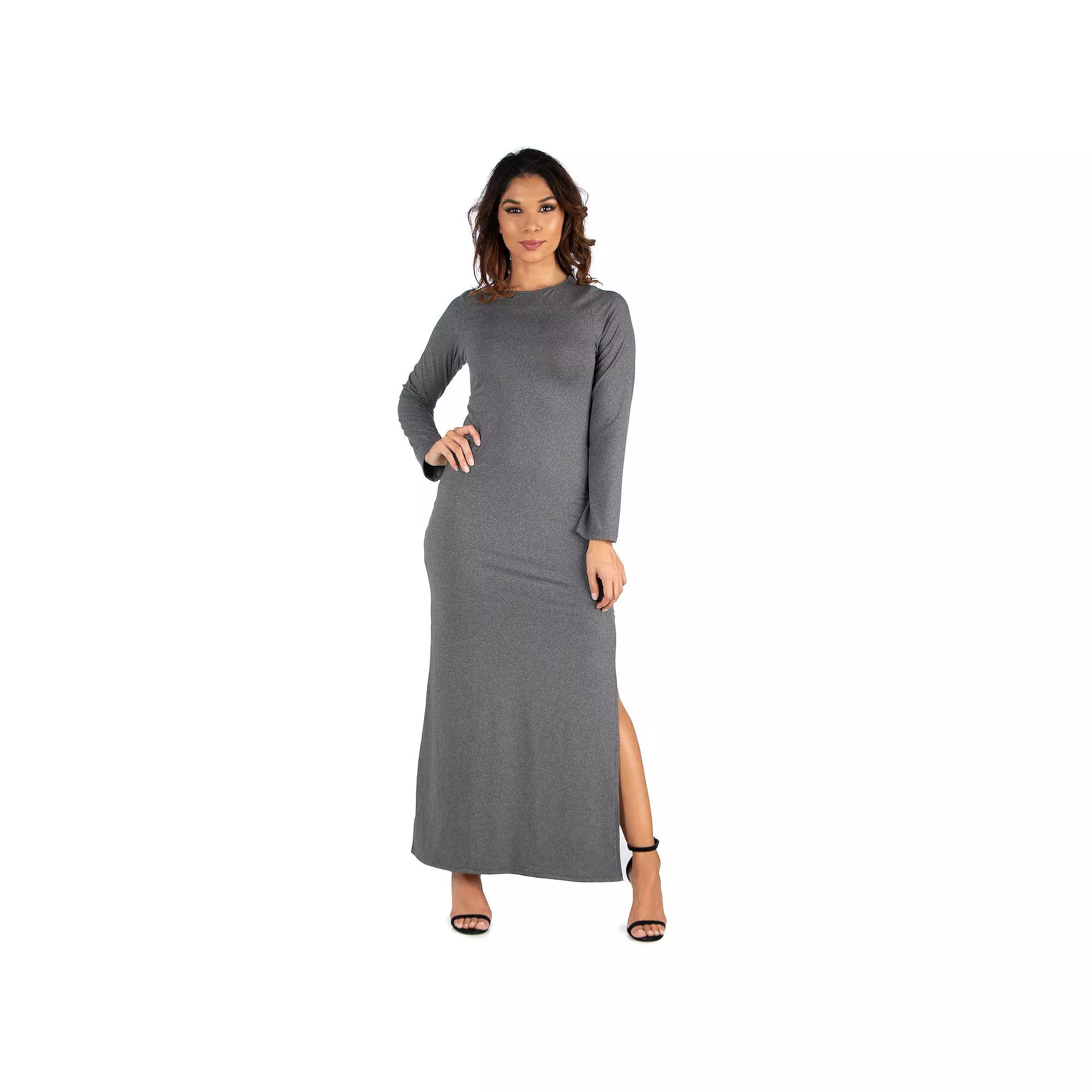 Women's 24seven Comfort Apparel Long Sleeve Side Slit Fitted Maxi Dress,  Product Image