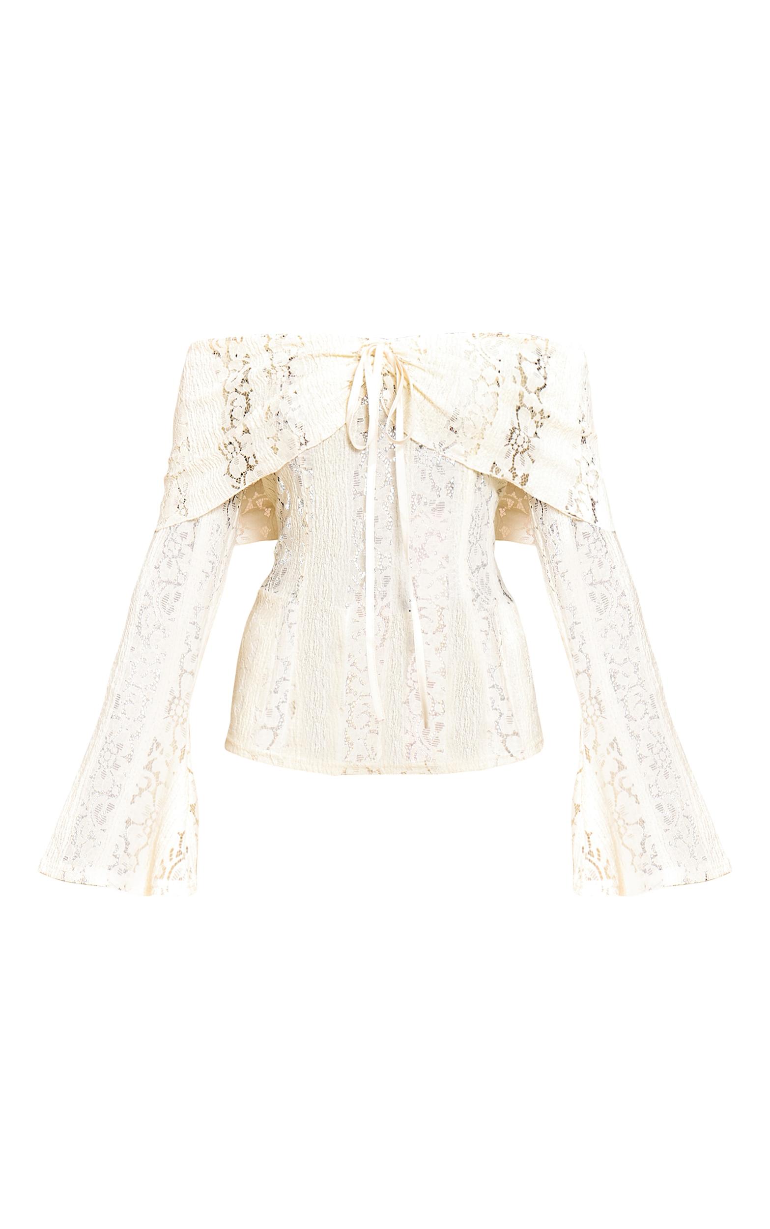 Lemon Fitted Lace Flared Sleeve Bardot Top Product Image